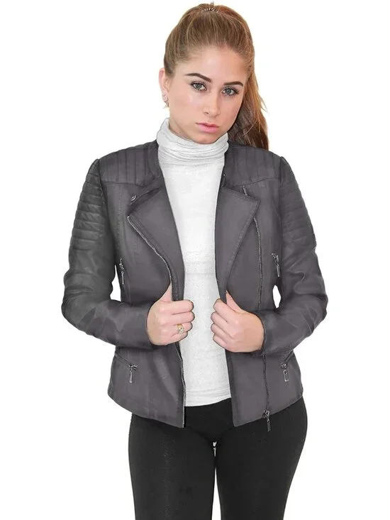 Women's Elegant Faux Leather Zip Up Moto Biker Jacket Zipper Long Sleeves Grey - Picture 1 of 6